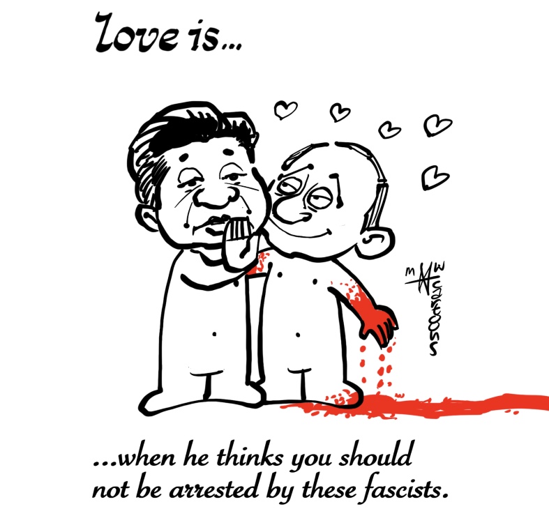 Love is...
...when he thinks you should not be arrested by these fascists.

#xijinping #china #putin #russia #ukraine #bloodbrothers @Joop_nl  @CartoonMovement @CartooningPeace