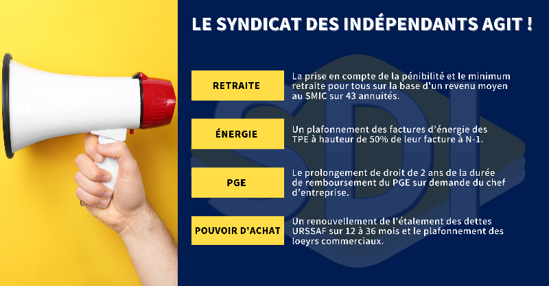 Chaque jour le <a href="/SDI_fr/">Syndicat des Indépendants et des TPE</a>, organisation interprofessionnelle apolitique et libre financièrement, se mobilise pour la survie des 6 millions d'indépendants et de #TPE en France. 

📣 Nous portons votre voix auprès des médias et des pouvoirs publics.

Voici une partie de nos combats👇