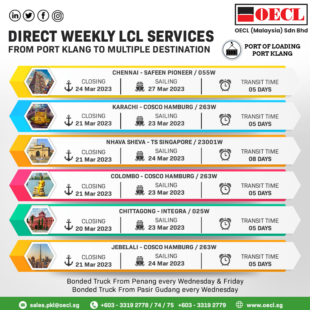 oeclsg's tweet photo. Get customized experience with our scheduled weekly LCL services from #portklang to Multiple destinations. 
#portklang #shipping #export #cargo #customs #transport #ecommerce #singapore #nhavasheva #freight #import #freightforwarding #logistics #supplychain #imports #malaysia https://t.co/f7cvqZ6Eri