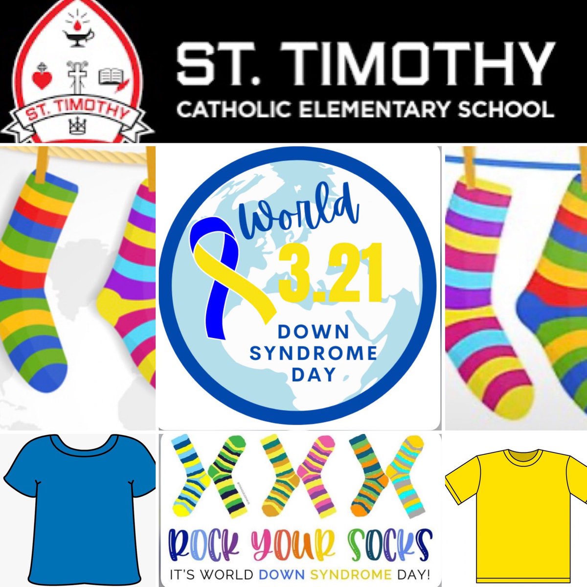 LClark_12's tweet photo. Hey St. Tim’s! “Rock Your Socks” on Tuesday, March 21st for World Down Syndrome Day! Show your support by wearing mismatched, colourful socks, or blue &amp; yellow shirts! 💛💙@StTimothyHCDSB @HCDSB  @CdnDownSyndrome @TheHDSA #DSATWDWD2023 #RockYourSocks https://t.co/HyjJrGXwTU