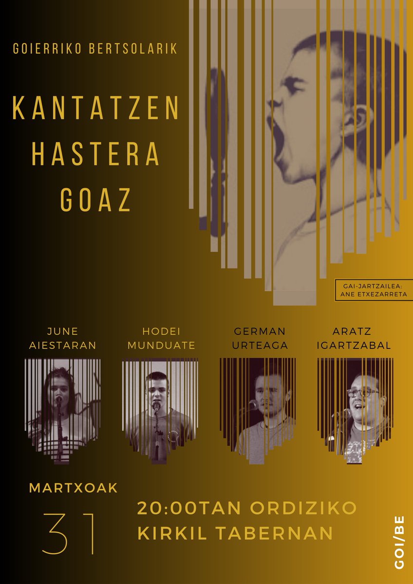 "KANTATZEN HASTERA GOAZ"

Kartel honekin martxan da ekimen berria. Hilero-hilero goierriko bertsolarik kantun jarriko ditugu eskualdeko txoko ezberdinetan.

Lehenbiziko saioa Ordiziko @pubkirkil tabernan izango deu!

Zatoz!
