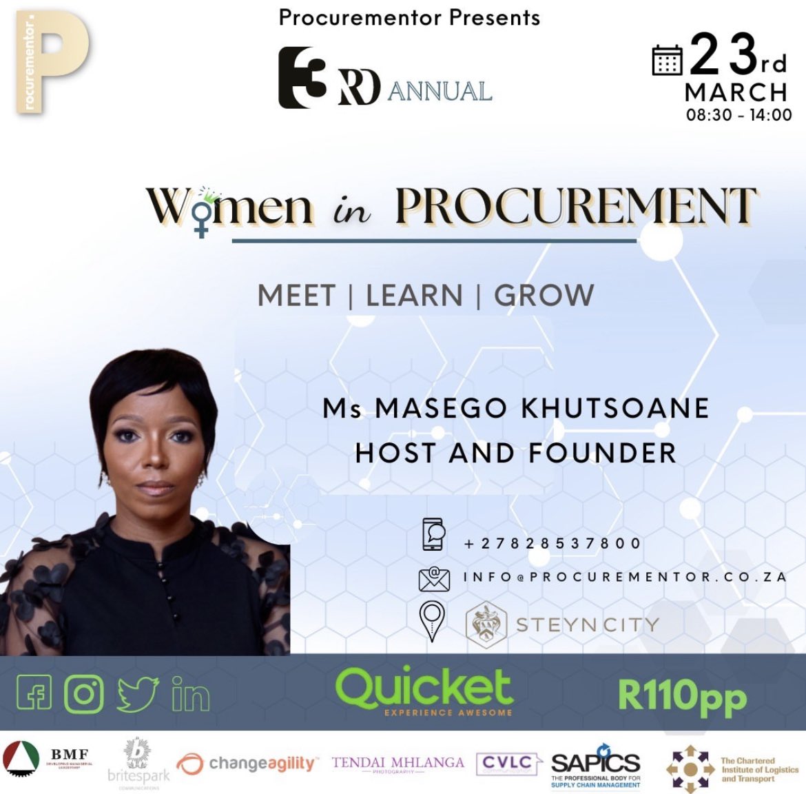 ProcureMentorZA's tweet photo. 3 days to go until the Women in Procurement Summit.

Registration open until the 21st midnight - 
https://t.co/OopLFhROyI

Please note the venue for the event - The Farmhouse at SteynCity
Theme : Future procurement trends

#wip #wip2023 #procurementconference #procurementor https://t.co/jGbCluiWxE