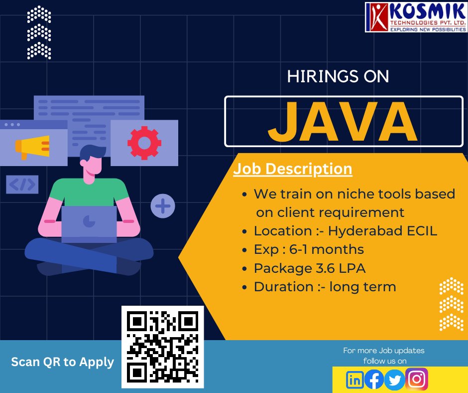 Kosmikteck's tweet photo. OPENINGS ON JAVA DEVELOPER
#openings #java #python #pythonprogramming #JAVADeveloper #itjobs #javajobs #jobsearch #pythonjobs #pythoncode
#JavaWalkin #JobSupport #JAVA #javaprogramming #javascript
#HyderabadITJobs #jobs #jobs2022 #kosmik #JobsNearMe #developerjobs https://t.co/vklmRPmoZr