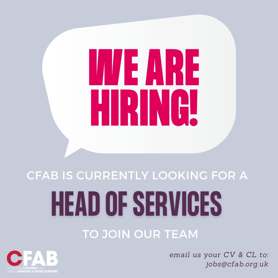 Join our London-based team as Head of Services! For full job description visit: linkedin.com/jobs/view/3515… 

📩To apply send your CV +CL detailing how you can fulfil the key responsibilities of the role to jobs@cfab.org.uk!

#hiring #londonjobs #recruting #socialservicejobs