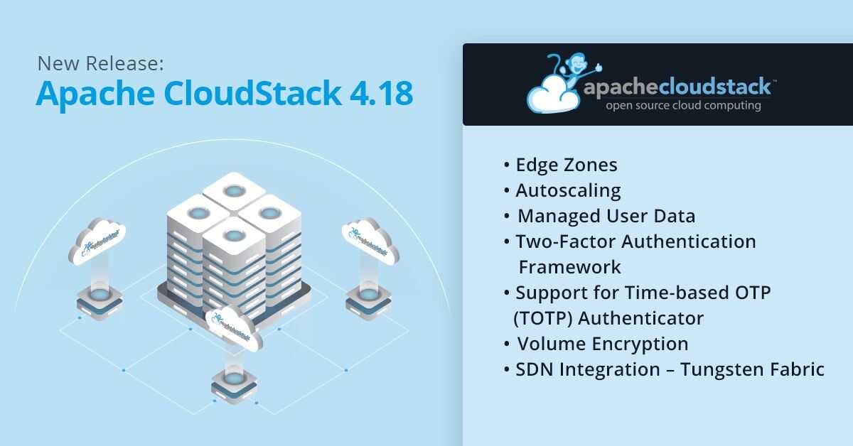 CloudStack's tweet image. We are pleased to announce that the Apache CloudStack 4.18.0.0 LTS release is now available! The release contains 300+ new features, improvements and bug fixes since 4.17, including 19 major features.

Access documentation and download information: bit.ly/3yRQ0jm