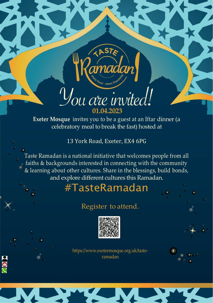 We will be holding an iftar (banquet) for all faiths and backgrounds. This evening will include an educational presentation about Ramadan, guided tours of the Mosque, and to round it off, we will be providing food for you. We look forward to welcoming you
forms.office.com/e/BqvstuvGk4