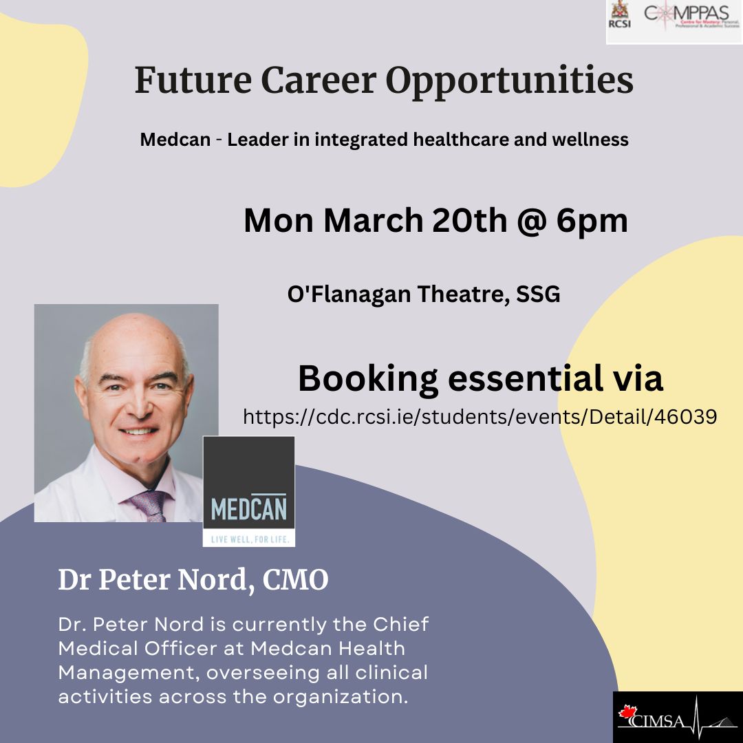 We are looking forward to welcoming Dr Peter Nord CMO Medcan to RCSI this evening.  Dr Nord will deliver a presentation on opportunities for students &amp; graduates at Medcan. All students/graduates  are welcome but booking is required ow.ly/a9Hi50Nmsiu
#cimsa