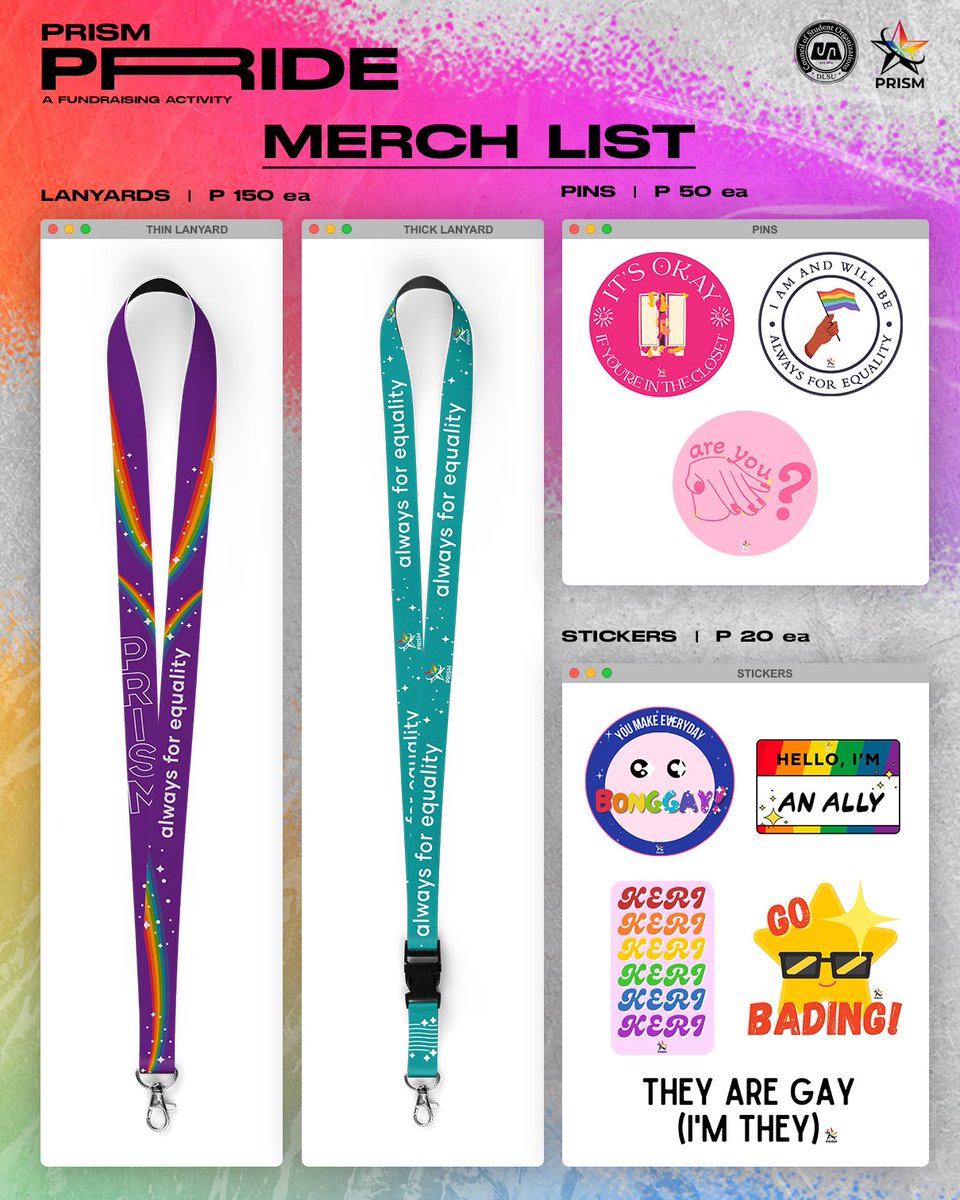 DLSUPRISM's tweet photo. Check out our merch and prepare yourselves for the much-awaited Pride month whilst getting the chance of becoming a ray of sunshine through your helping hand 😉

Pricelist:
🔖 Lanyard: ₱150 each
🧷 Pins: ₱50 each
💌 Stickers: ₱20 each https://t.co/AqNP7d7QV3