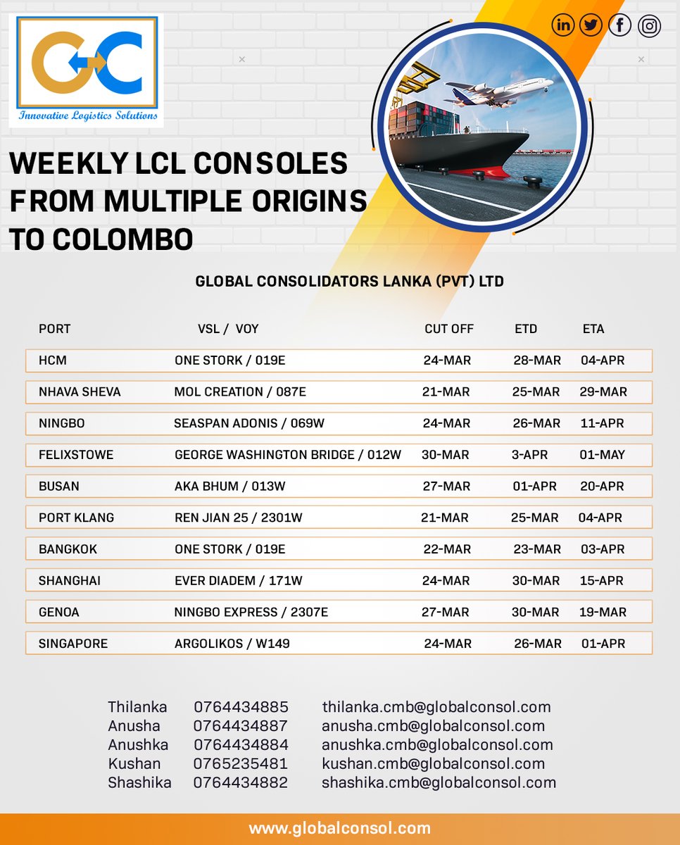 Get customized experience with our scheduled weekly LCL services from Multiple origins to Colombo. 

#customerexperience #technology #logistics #shipping #ecommerce #freight #export #transportation #supplychain #freightforwarding #airfreight #import #cargo #supplychainmanagement