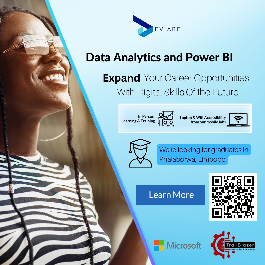 DeviareSA's tweet photo. An excellent opportunity for the Microsoft Data Analytics &amp; Power BI programme awaits and will be taking place ONSITE in #Phalaborwa. 

Apply now:
https://t.co/lsVWL3t8WJ 

Applications close on the 23rd of March 2023.

#Deviare #Microsoft #DataAnalytics #PowerBI #Limpopo https://t.co/O6cRWxrLAS