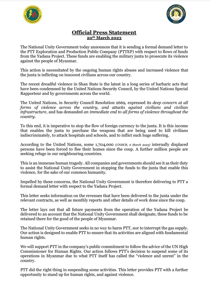 MayWongST's tweet photo. #Myanmar's @NUGMyanmar wants #Thailand's national petroleum upstream firm #PTTEP to channel all future payments from Myanmar's #Yadana gas project to #NUG instead of the #military as NUG says such funds are "enabling" army to commit atrocities during coup #WhatsHappeningInMyanmar https://t.co/dyzPnGWLMH