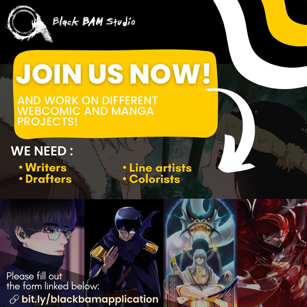 blackbamstudio's tweet photo. Attention all creatives! Check this out π
Blackbam Studio is on the hunt now! #BlackbamStudio #Hiring #Webcomics #Manga #JoinOurTeam #CreativesWanted https://t.co/WStnrgfodA