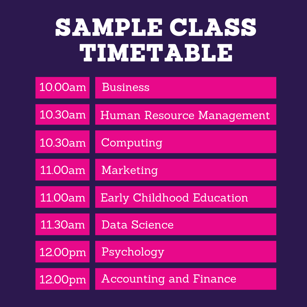 Coming to our Spring Open Day on Saturday? Use our Sample Class Timetable to plan your visit based on your course interests!

Register for this event here: bit.ly/3FAKIwi #CAO2023 #LeavingCert #CollegeChoices #OpenDay