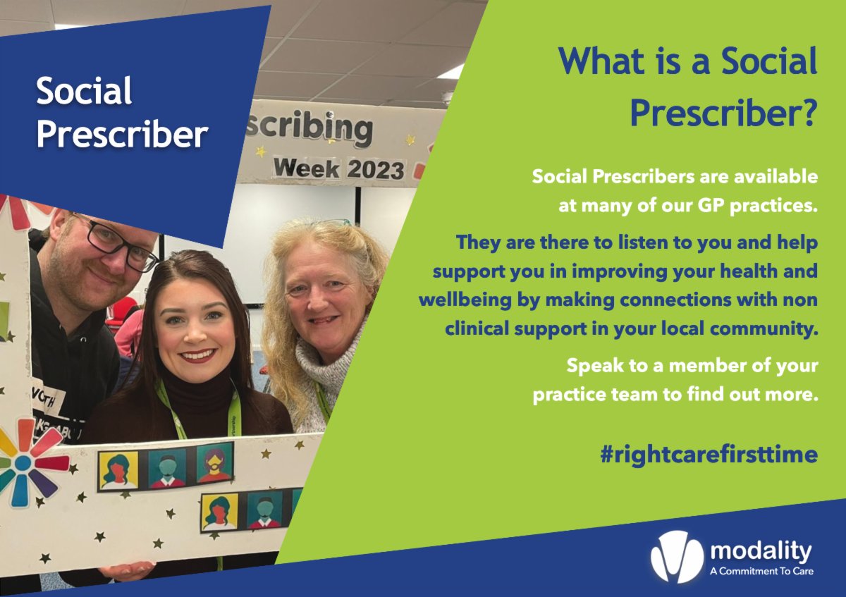 ModalityLewish1's tweet image. Ever wondered what a Social Prescriber is or does? We have lots of different roles working in GP Practices and the wider community to help care for our patients #rightcarefirsttime