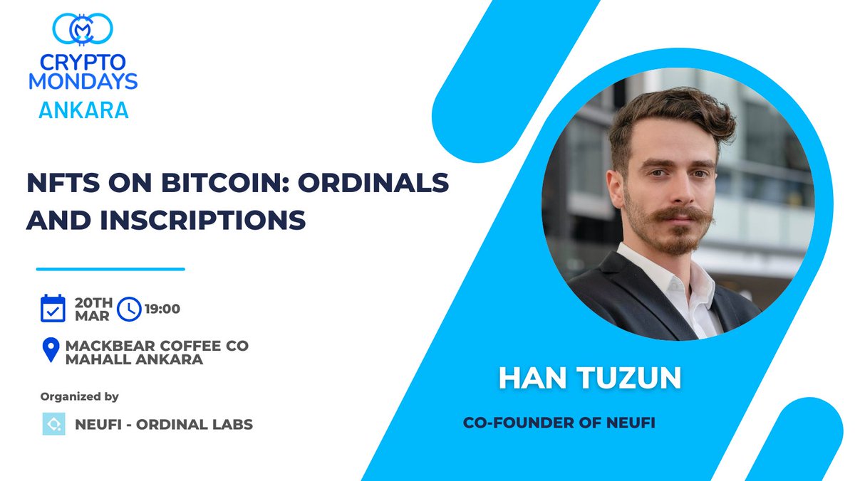 This Monday for CmAnkara, we are excited to continue our event with great speaker.<a href="/0xTuzun/">Han Tuzun (tuzun.eth)</a> will be discussing "NFTs on Bitcoin: Ordinals and Inscription." Don't miss out on this exciting event!
📆 Date: 20.03.2023 
📍 Mackbear Mahall Ankara
