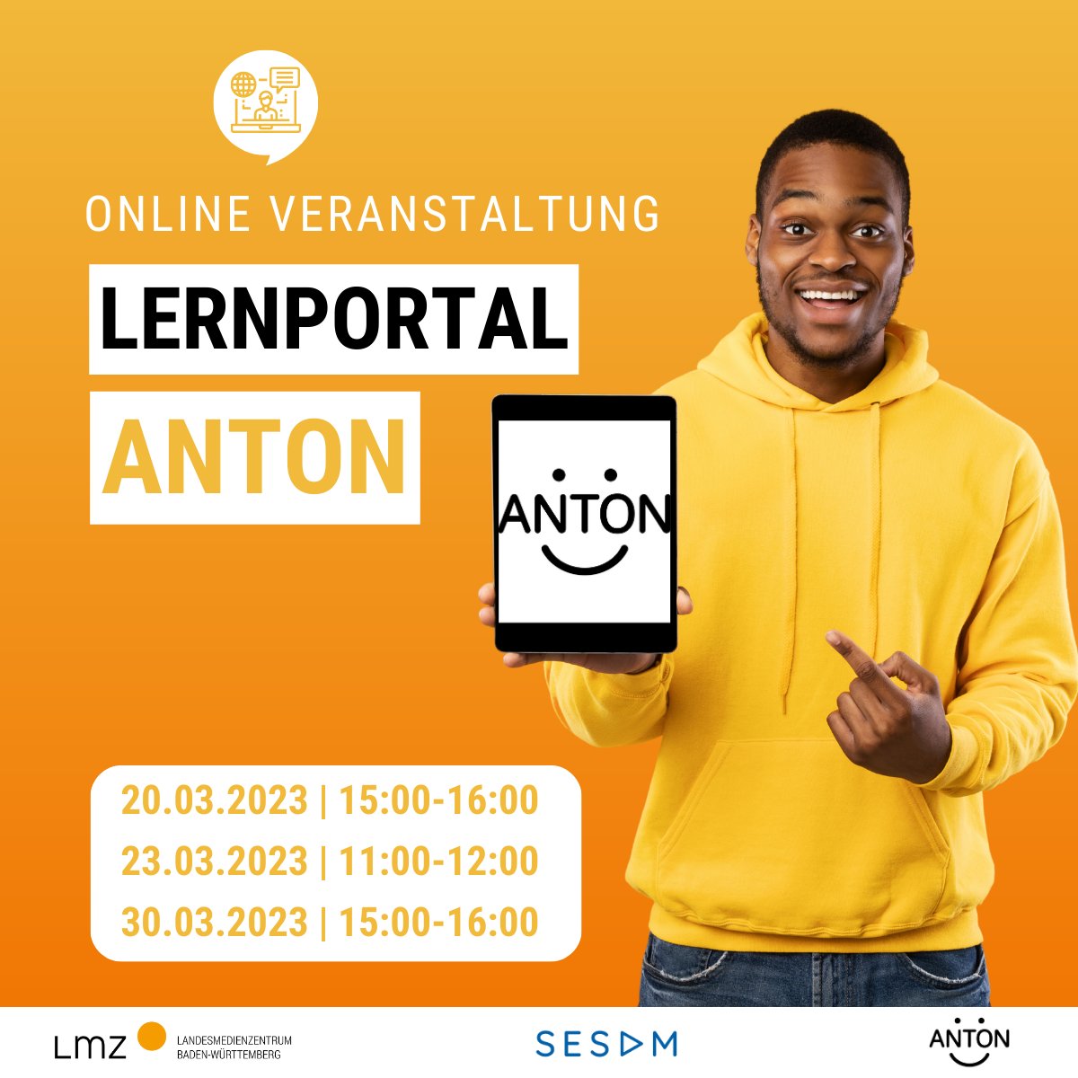 Liebe #Lehrkräfte! Ihr könnt seit Kurzem die #Lernplattform #ANTON kostenlos über die #SESAM-Mediathek nutzen! Heute um 15 Uhr, am 23. und am 30.3. finden Infoveranstaltungen statt!✌️

Für weitere Infos &amp; die Anmeldung bitte hier entlang👉 lmz-bw.de/infos-zu-lernp…

#twlz #edubw