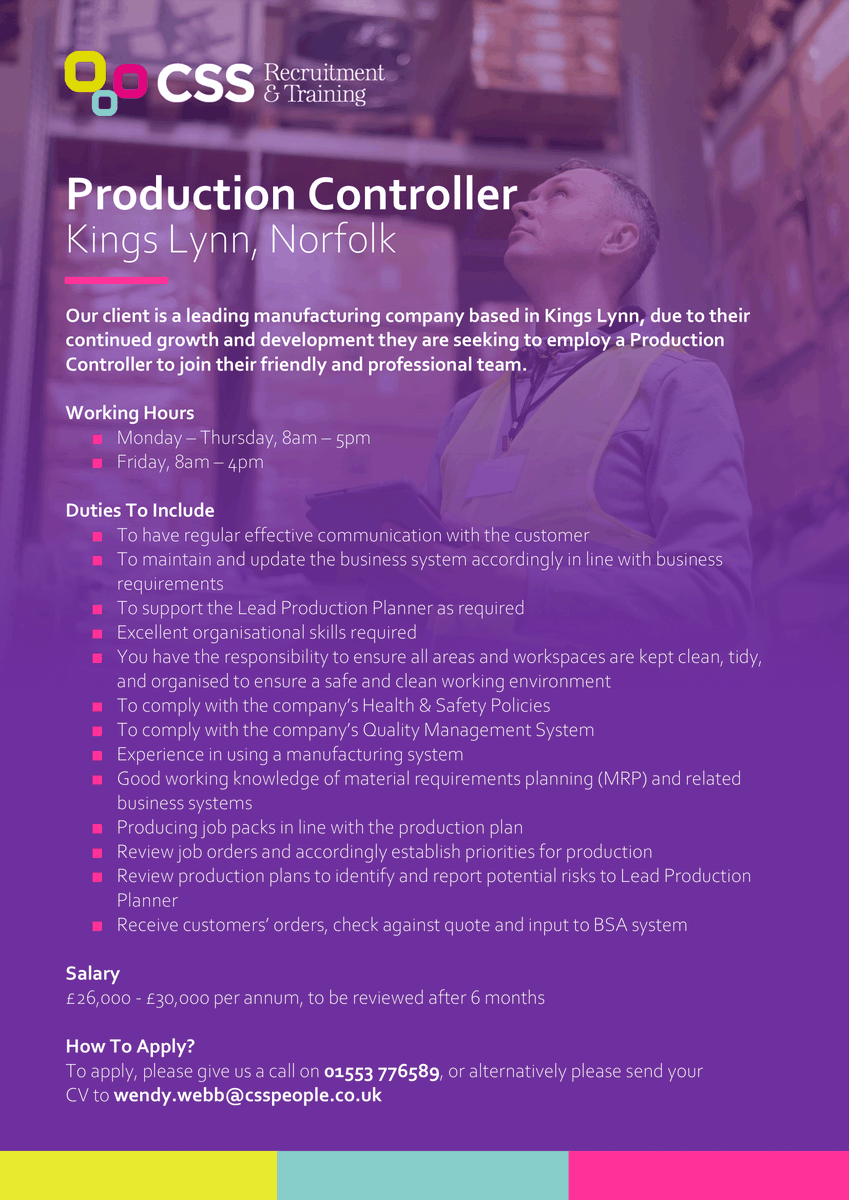 On the lookout for your next job 🤷‍♂️

👉 Production Controller
💷 £26,000 - £30,000 per annum
📍 Based in Kings Lynn, Norfolk

☎️ Please call us today on 01553 776589
📧 Or email wendy.webb@csspeople.co.uk

#Jobs #JobSearch #ProductionController #NorfolkJobs #IndustrialJobs