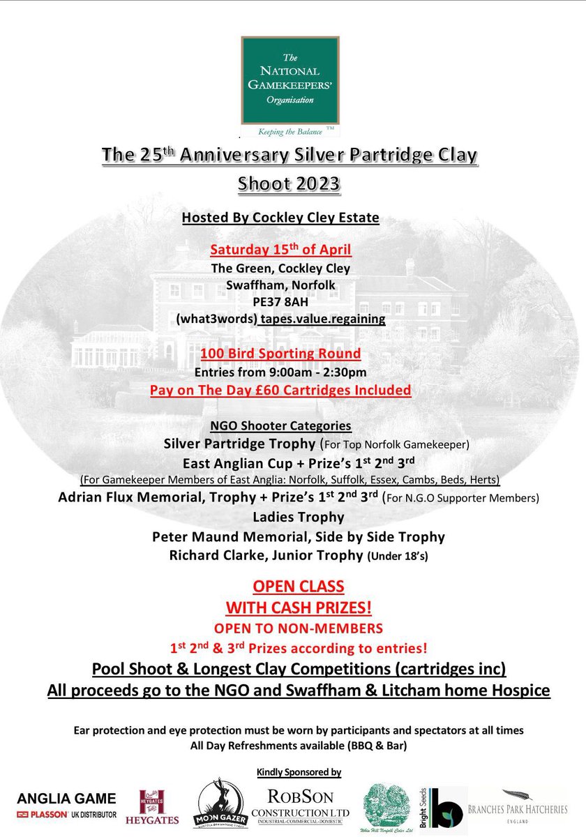 We’re proud to be sponsoring <a href="/NationalGamekee/">National Gamekeepers</a> 25th Silver Partridge Clay Shoot.

See you there! 👍👍