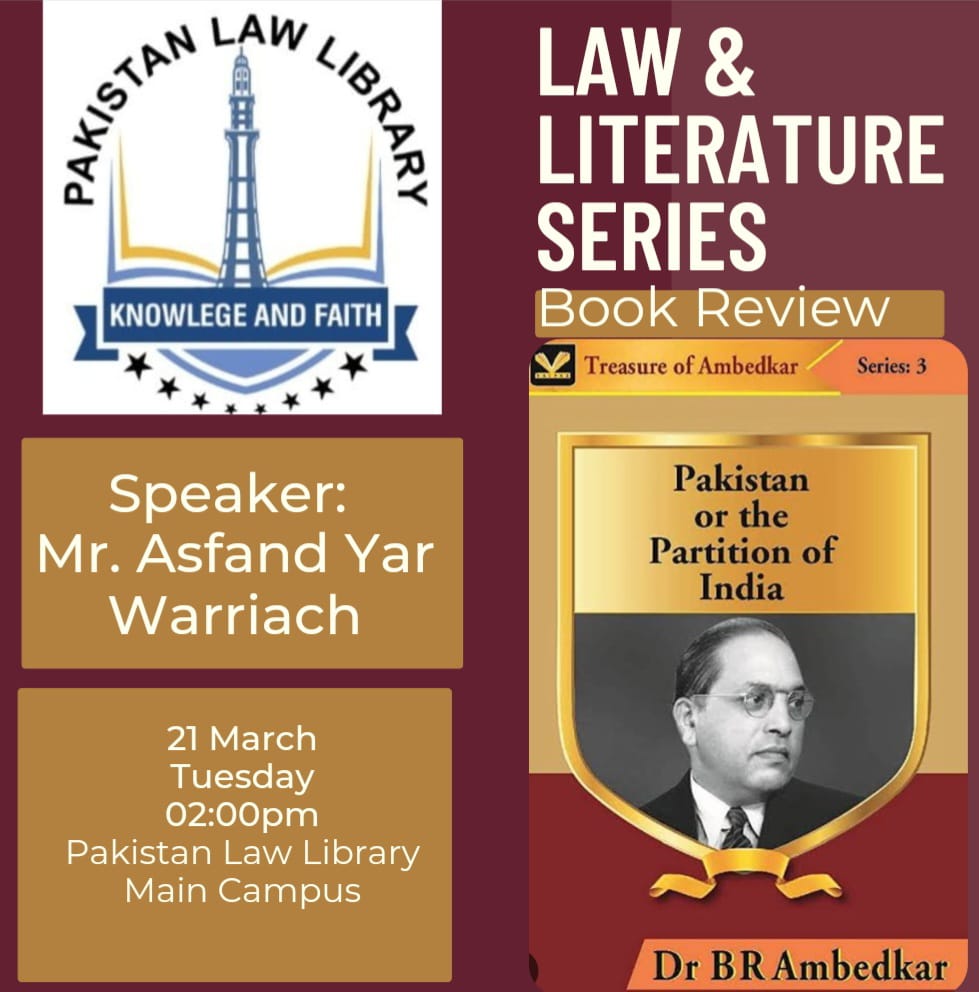 pakistan_cl's tweet photo. PAKISTAN LAW LIBRARY is a project of Pakistan College of Law. On Tuesday, 21st March 2023 there will be a Book Review arranged in the Library on the book "Pakistan or the Partition of India".
Speaker: Barrister Asfand Yar Warraich
Date: Tuesday, 21st March, 2023
Time: 2.00 p.m https://t.co/FLXOhQ7cMz