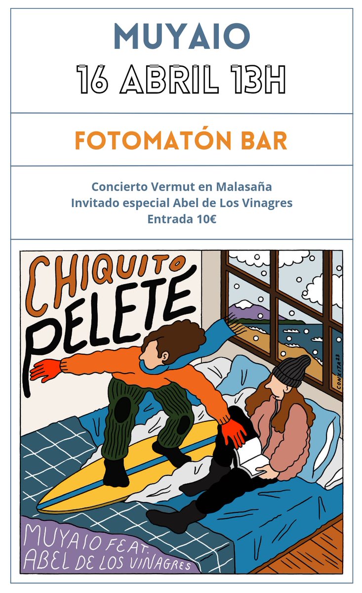 ¡<a href="/muyaio/">muyaio</a> vuelve a Madrid!

Domingo 16 de abril al mediodía, con un invitado especial: <a href="/abelatas/">Abel Lorenzo</a>, cantante de Los Vinagres. Presentarán su nuevo tema conjunto, que saldrá unos días antes del concierto. Será en <a href="/fotomatonbar/">Fotomatón</a>

Entradas aquí: mutick.com/e/muyaio-en-ma…