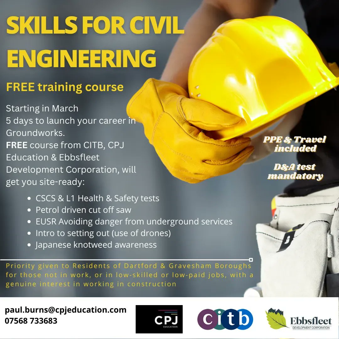 💡 There are still places available for our construction training programme starting 27th March 2023!
🏗️ If you, or someone you know, would like to upskill or reskill to work in the construction sector, email paul.burns@cpjeducation.com
Find out more here: ebbsfleetdc.org.uk/jobs-in-ebbsfl…