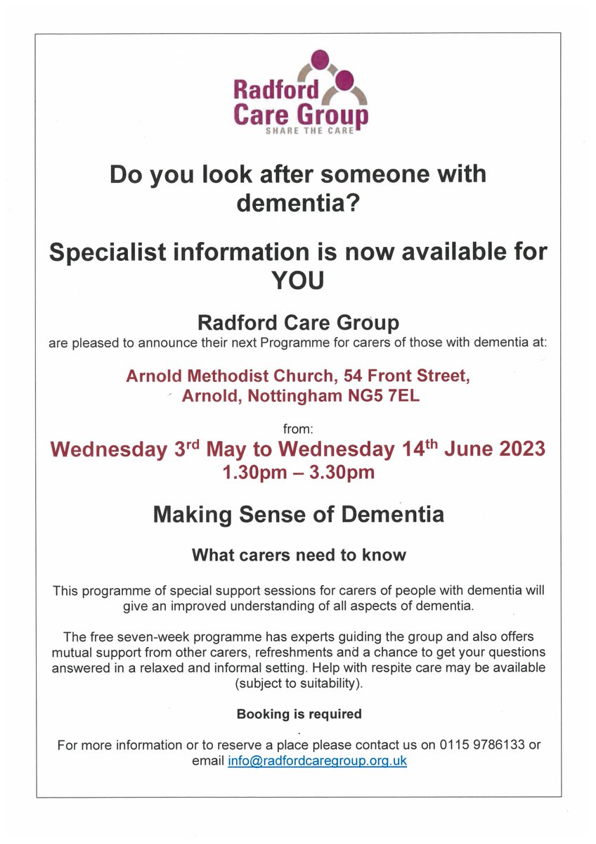 radfordcare's tweet photo. Our next Dementia Information Programme is now open for booking. Please get in touch if you'd like to attend. #carers #dementiainformationprogramme https://t.co/9laTCC7489