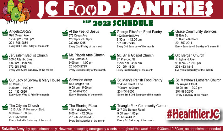 Healthier JC (@healthierjc) on Twitter photo Check out the JC Food Pantry schedule for 2023! Many Jersey City families still face food insecurity. Remember to donate to Food Pantry locations within many JC neighborhoods. All are welcome. ๐ฅ๐ ๐ฅ๐๐
๐ฅ #HealthierJC <a href="/JerseyCity/">City of Jersey City</a> <a href="/JerseyCityHA/">Jersey City Housing Authority</a> <a href="/ulohc/">UrbanLeague of Hudson County</a> <a href="/jcparksco/">jcparkscoalition</a> Check out the JC Food Pantry schedule for 2023! Many Jersey City families still face food insecurity. Remember to donate to Food Pantry locations within many JC neighborhoods. All are welcome. ๐ฅ๐ ๐ฅ๐๐
๐ฅ #HealthierJC <a href="/JerseyCity/">City of Jersey City</a> <a href="/JerseyCityHA/">Jersey City Housing Authority</a> <a href="/ulohc/">UrbanLeague of Hudson County</a> <a href="/jcparksco/">jcparkscoalition</a>