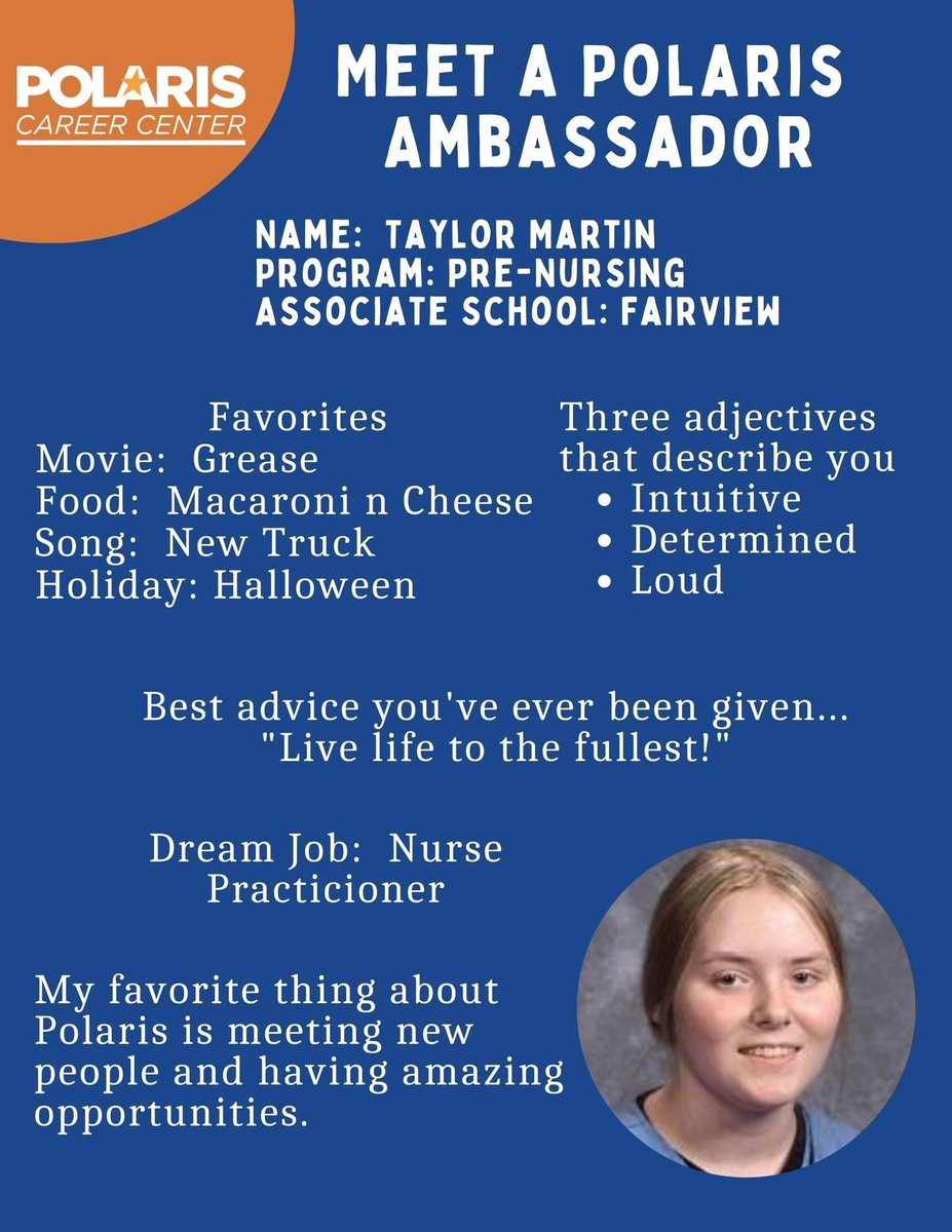 Next in our 'Meet a Polaris Ambassador' series is Taylor Martin from the Polaris Pre-Nursing 👩‍⚕️ program and @FPSchools.