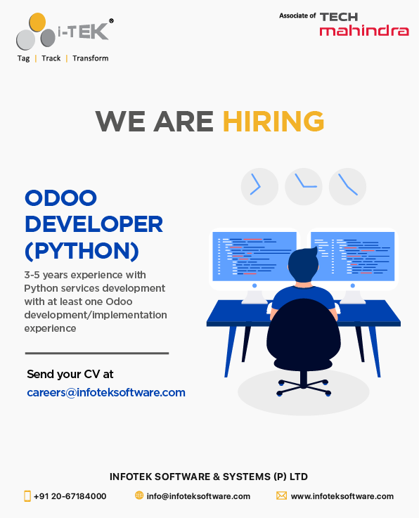 infotekrfid's tweet photo. We are hiring! We are seeking an experienced Odoo Developer to join our dynamic team.
Eligibility Criteria:
3-5 years experience with Python services development with at least one Odoo development/implementation experience
#iTEKRFID #OdooDeveloper #PythonDeveloper #iTEK https://t.co/wKw7djBMK1