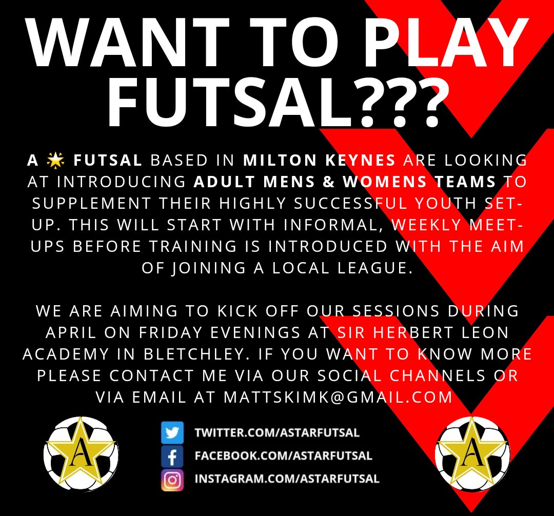 A⭐️Futsal Club (@astarfutsal) on Twitter photo Over 16 & in #MiltonKeynes? Have you wanted to try #futsal? Do you want to get back playing? <a href="/AStarFutsal/">A⭐️Futsal Club</a> are kicking off some meetups in April where we will welcome men & women, experienced or novices, to sample the fun & frantic sport of futsal. Please DM me for more details. Over 16 & in #MiltonKeynes? Have you wanted to try #futsal? Do you want to get back playing? <a href="/AStarFutsal/">A⭐️Futsal Club</a> are kicking off some meetups in April where we will welcome men & women, experienced or novices, to sample the fun & frantic sport of futsal. Please DM me for more details.