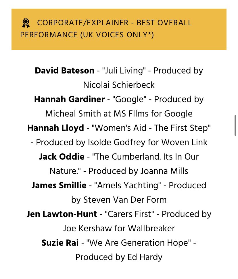 Over the moon to be nominated once again, in a new category for me at The Once Voice Awards 2023 🤩 

I’m so proud that this piece of work is surrounded by this incredible VO talent 🎙️ 

Congratulations to all the nominees 🎉 Bring on the 13th May 🥂
#ova2023 #awardnominee #vo