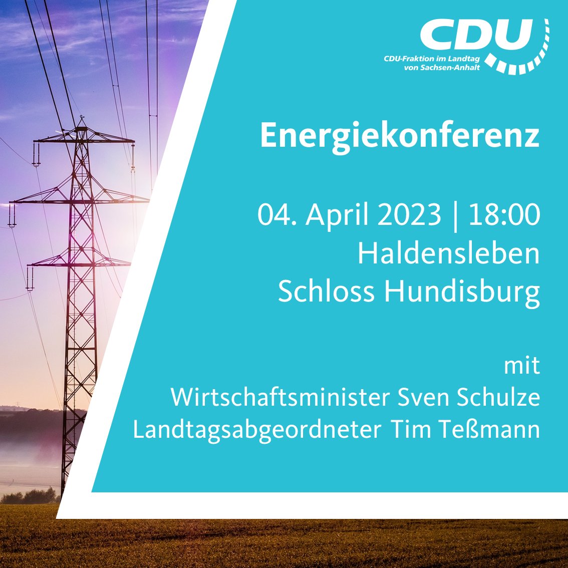 #Energiekonferenz
Um mit Ihnen über die derzeitigen Probleme in der Energieversorgung zu sprechen und Lösungsansätze aufzeigen, laden wir Sie herzlich am 04.04. ab 18 Uhr ins Schloss Hundisburg bei Haldensleben ein. Es wird um Anmeldung unter gartmann@cdufraktion.de gebeten.
