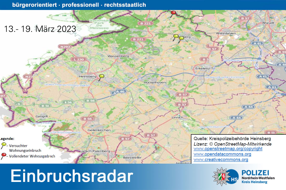 Der aktuelle Einbruchsradar ist online. 💒
In der vergangenen Woche versuchten Einbrecher dreimal in Häuser oder Wohnungen einzubrechen, in einem Fall gelang es ihnen. 
heinsberg.polizei.nrw/artikel/wohnun… 
#Polizeiheinsberg #Einbruchsradar #Prävention #Kriminalprävention
