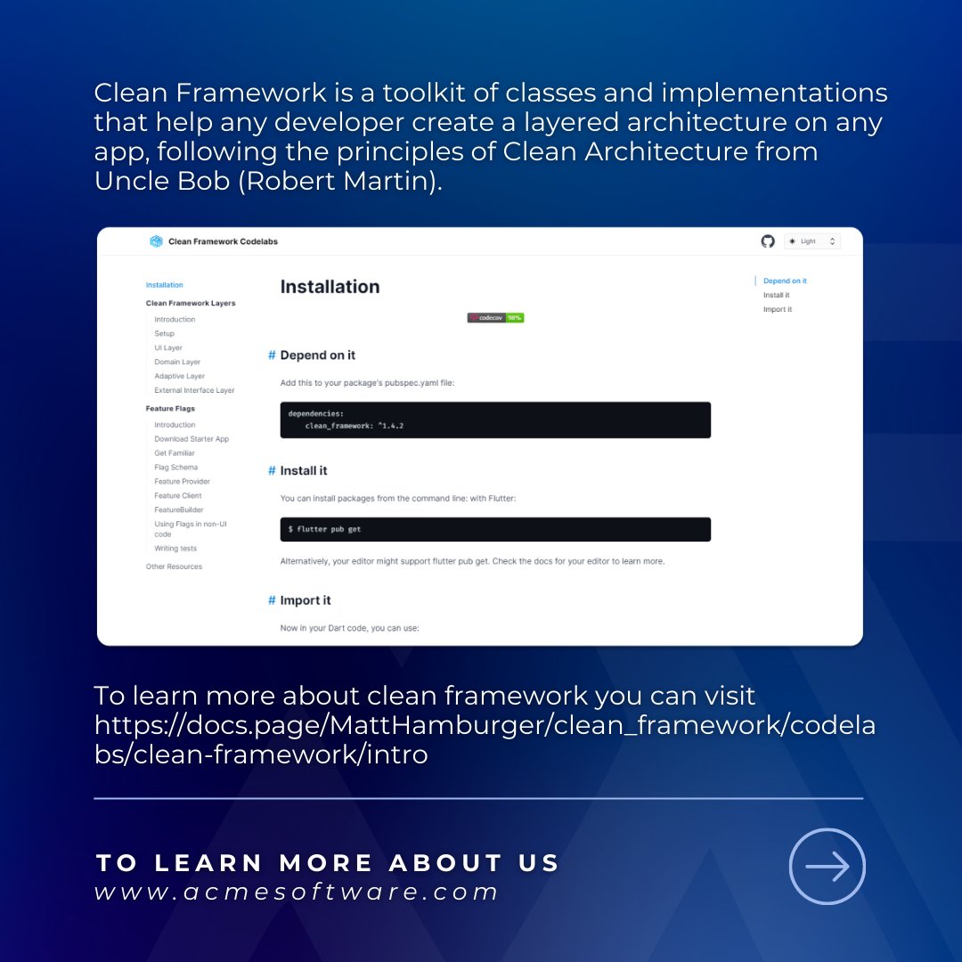 acmesoftwarehq's tweet image. To learn more about Clean Framework, you can visit:
docs.page/MattHamburger/…

#acme #acmesoftware #flutter #flutterdeveloper #softwaredevelopment #whitelabel #scrum #scrumtraining #mobileappdevelopment #webapplication #wordpress #cleancode #productdesign #product