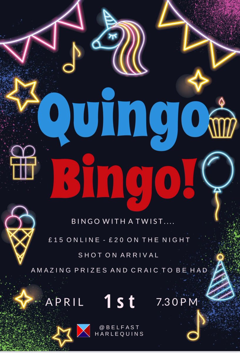 Back with a 𝐁𝐀𝐍𝐆💥

Quingo Bingo returns next Saturday, with some great prizes and craic to be had 🤝

Link for 🎟 ⬇️ 

app.teamfeepay.com/belfast-harleq…

*we sold out last year, so don’t miss out 😮‍💨