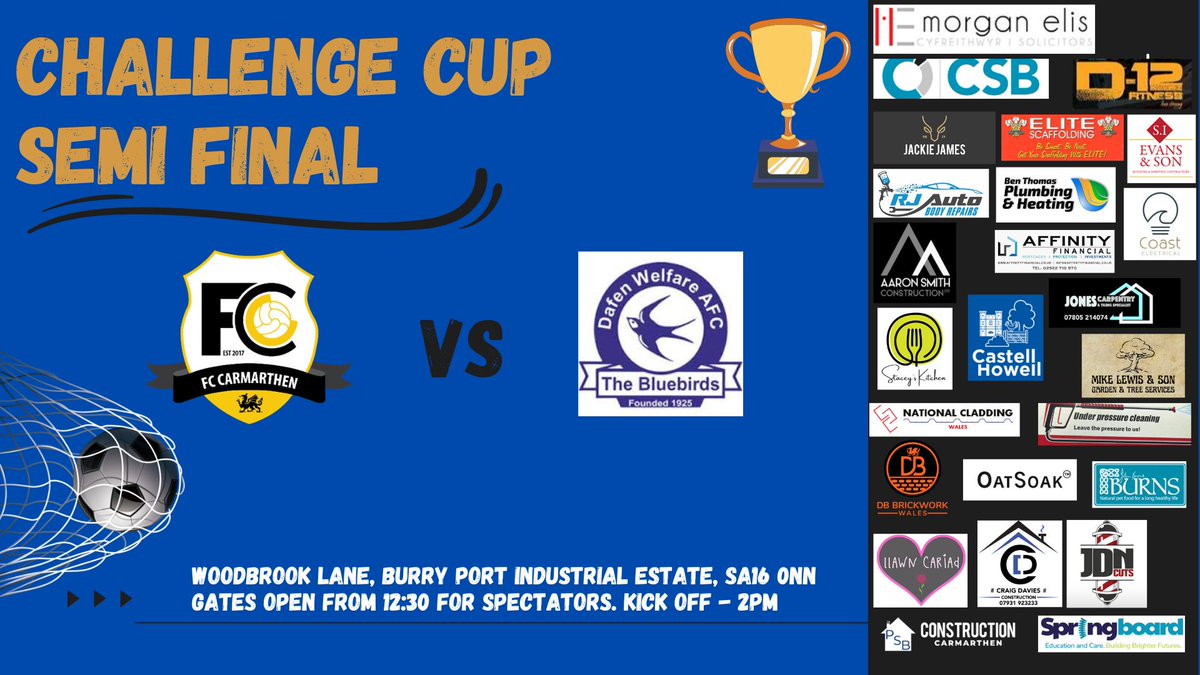 🌟 Challenge Cup Semi🌟

This weekend both boys in blue will meet in what in no doubt will be a fantastic Semi final hosted by <a href="/BurryPortfc/">Burry Port Afc</a> 

Come and show your support!

Thanks to our sponsors for your continued support this season.

#FCC #Cup #Semi