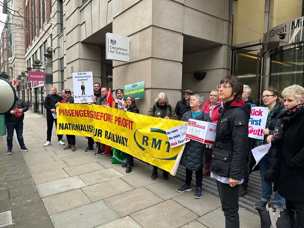 RMTNRC's tweet image. Rather than end the "Montgomery Mayhem"- THE DfT have rewarded failure by extending Avanti contract run by First. Here's hoping they don't do the same with TPE who are leaving whole areas of the North cut off by mass cancellations. #kickfirstout