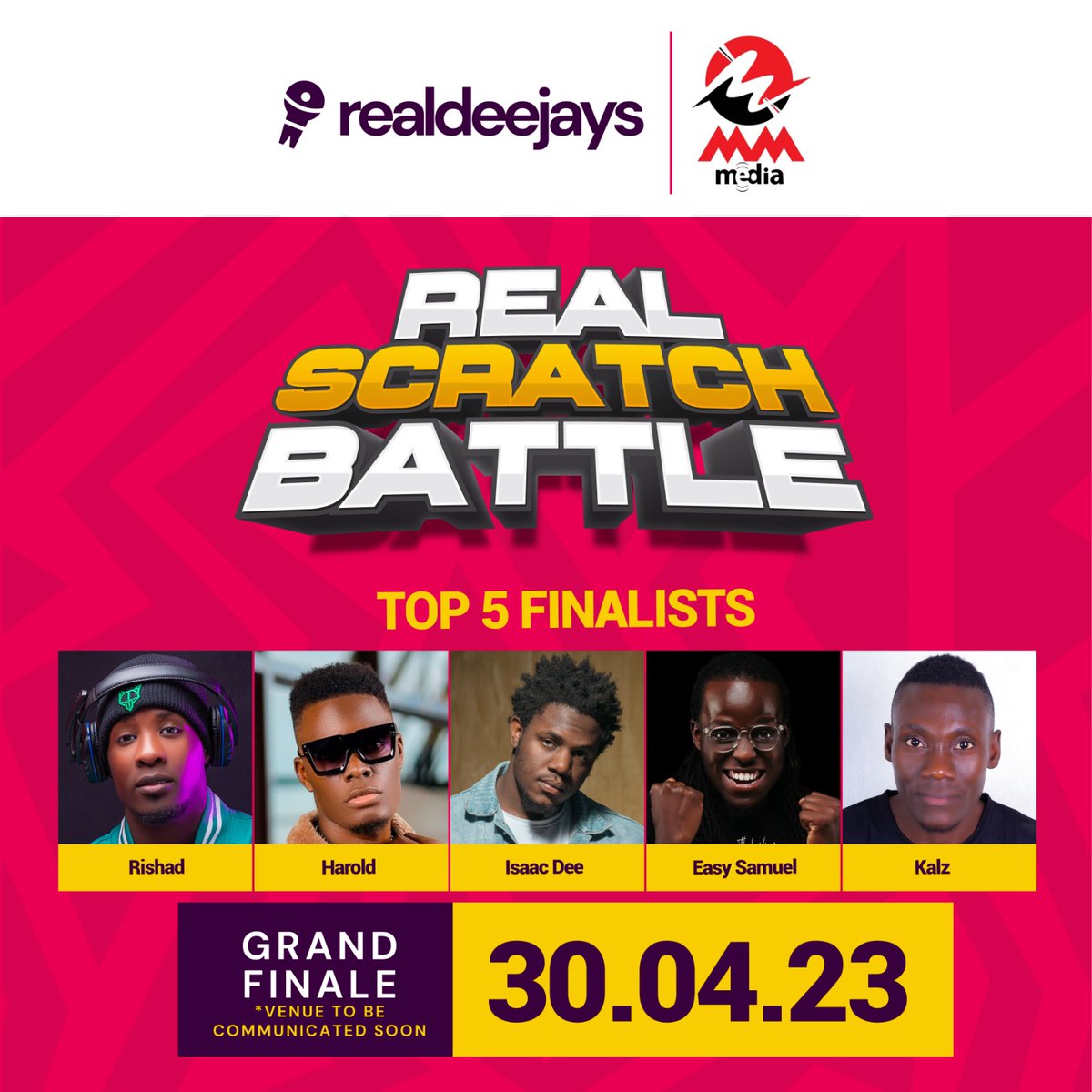 RealDeejays's tweet photo. Here are the Top 5 finalists for the #Realscratchbattle
A huge thank you to all who sent in their submissions.
Our finalists will battle live and their fans present will decide who goes home with the prize.
@harolddeejay256
@djrishadug
@MrKalz
@EasySamuel https://t.co/xP3kbu2fWs