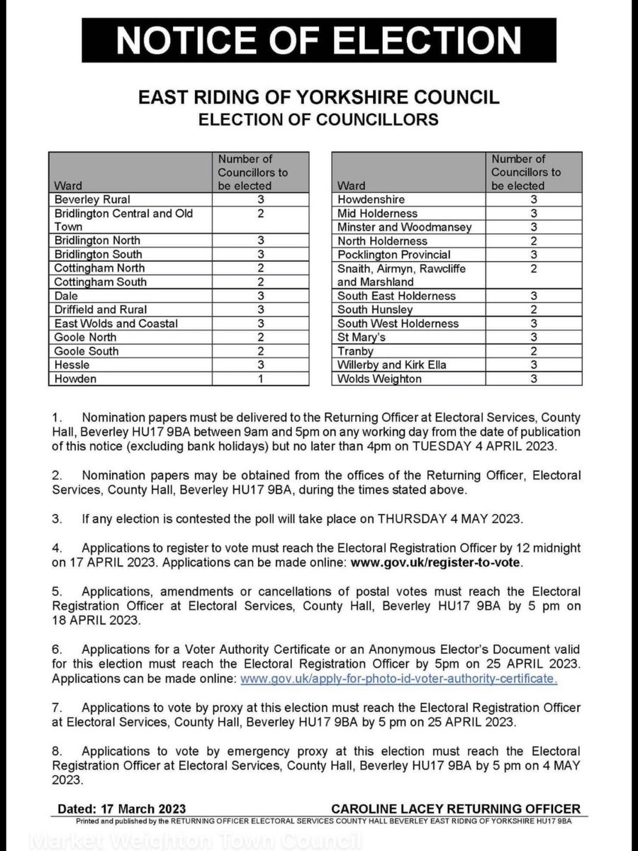 Local elections are taking place on Thursday 4th May 2023: - Driffield Town Council (16 Councillors) - ERYC - Driffield & Rural (3 Councillors) Nomination forms for anyone wanting to be a local Councillor are now available - eastriding.gov.uk/council/electi…