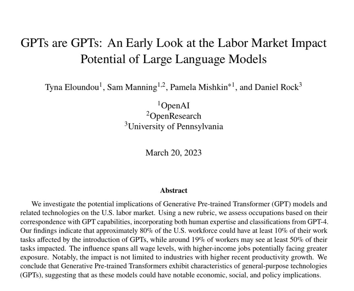 New paper argues GPT is a General Purpose Technology. One of those rare inventions that touch most work.

The median job has 15% of their work exposed to LLMs. 19% of all US workers have half their work affected.

In fact,  the only jobs not exposed are👇 arxiv.org/pdf/2303.10130…