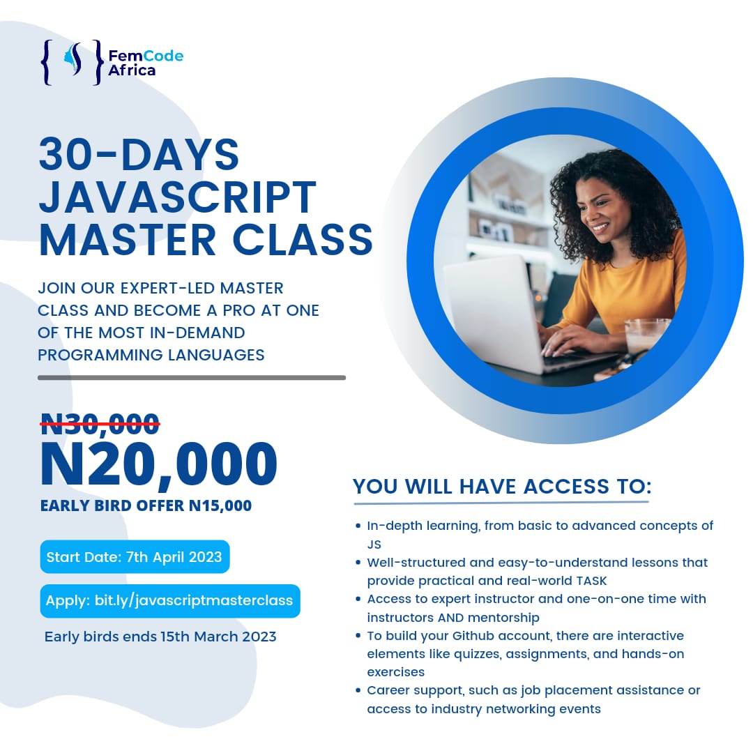 FemcodeA's tweet image. Looking to level up your web development skills? 
Join our JavaScript Master Class and unlock the full potential of this powerful language! 
From beginner to advanced, our expert instructors will guide you through hands-on projects and real-world applications. #javascriptMaster