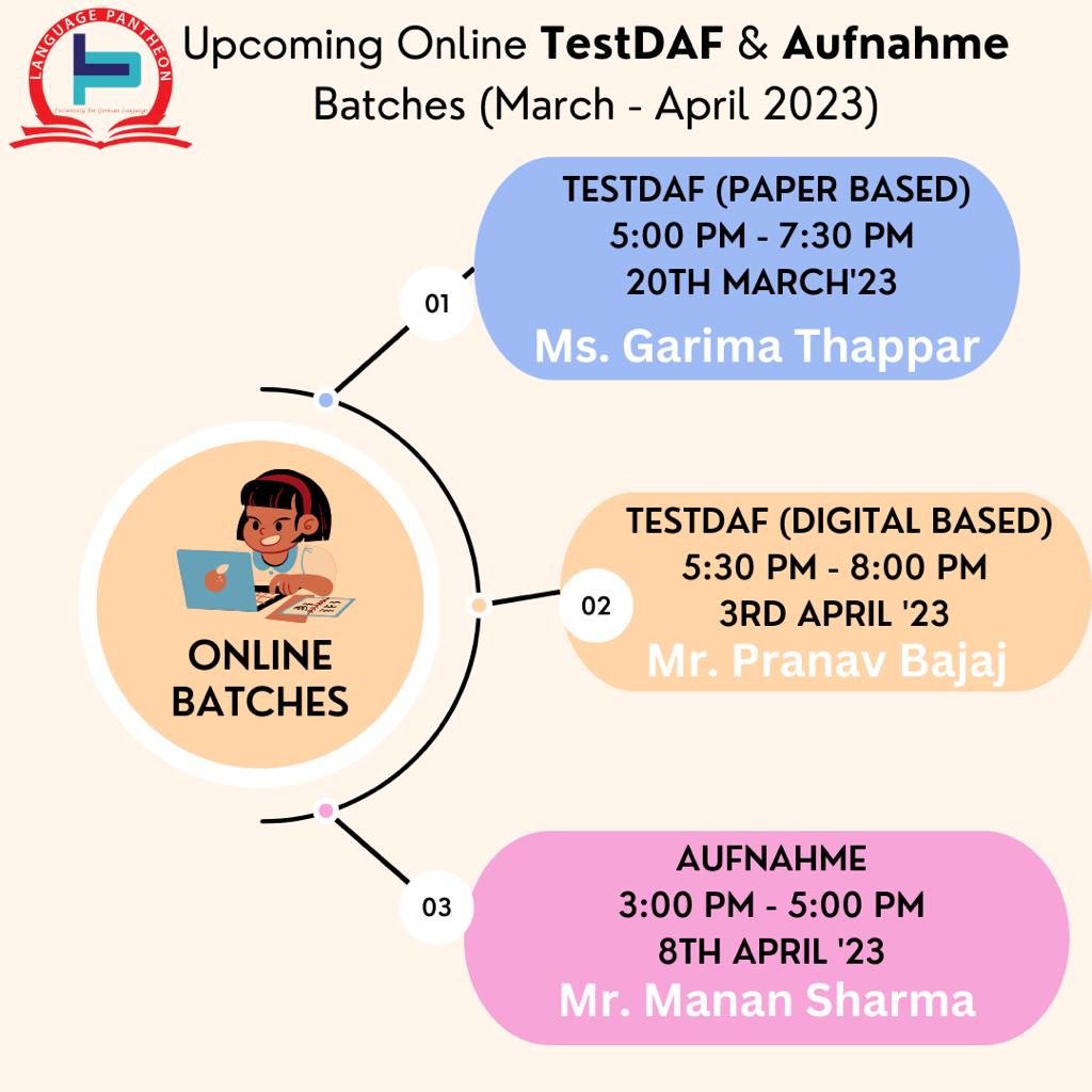 Upcoming Online TestDAF and Aufnahme Batches.

To register - 7669371116

#language #languagepantheon #online #class #remotelearning #german #germany🇩🇪 #entrance #exams #study #studyabroad #university #germanuniversity #studyingermany #jobsingermany