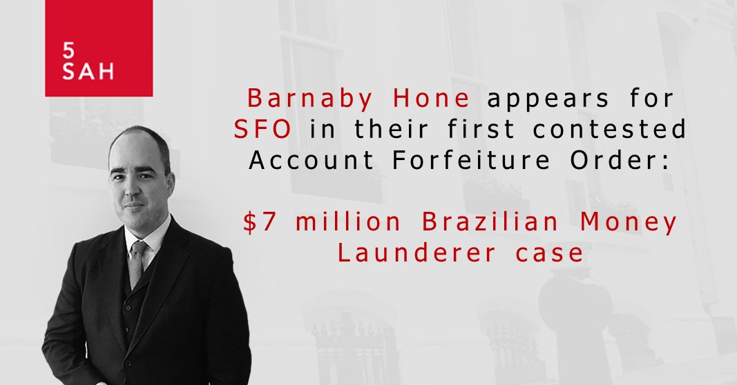 5SAHLaw's tweet photo. Barnaby Hone was instructed by the SFO in their first ever contested AFO

The SFO recovered over $7,699,204 from convicted money launderer  Mr Miranda 

This is the largest ever amount seized by the SFO from a single bank account. Find out more here: https://t.co/GXFB11nbrj https://t.co/17dIxzeq2X