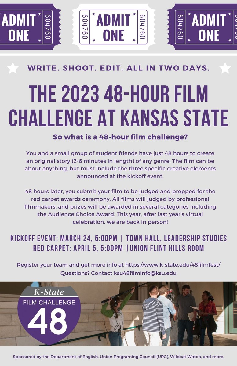 Coming up on Friday: the launch of the 2023 48-Hour Film Challenge! 5 pm at Town Hall, Leadership Studies <a href="/katherinekarlin/">Katherine Karlin</a> <a href="/KStateTheatre/">K-State Theatre</a> <a href="/kstatemediacomm/">A.Q. Miller School of Media and Communication</a> <a href="/KStateModLangs/">K-State Modern Languages</a>