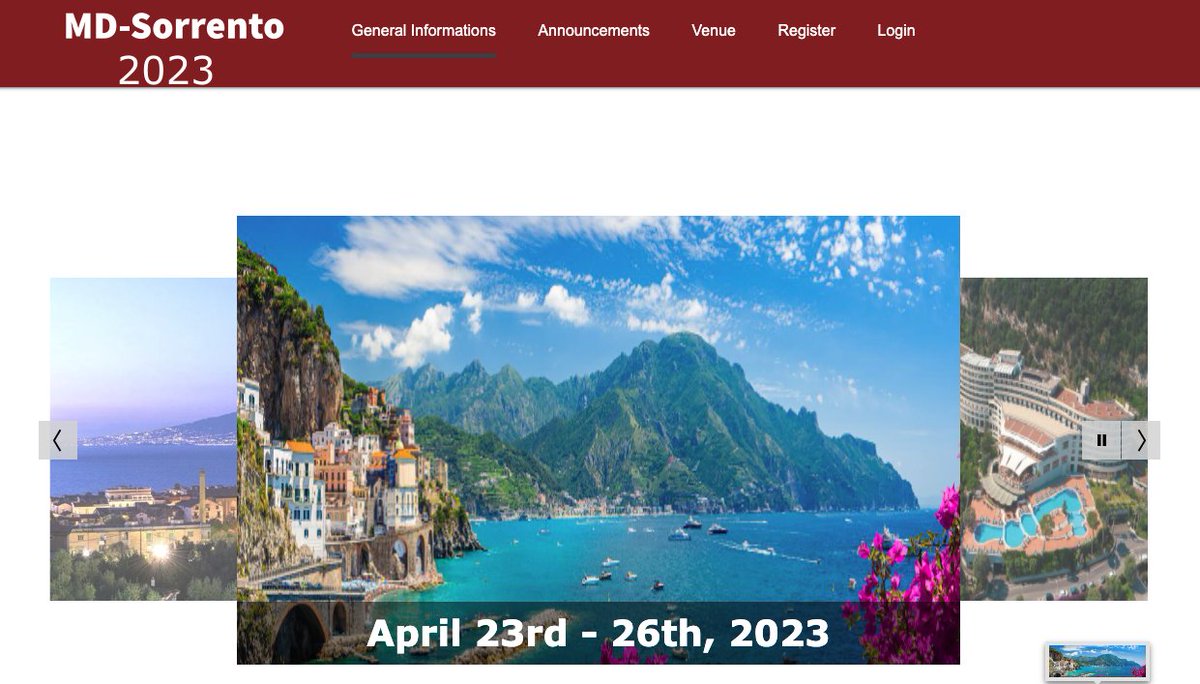 Upcoming Event
MD-SORRENTO 2023
3rd International Workshop on
Membrane Distillation and Innovating Membrane Operations
in Desalination and Water Reuse

April 23rd - 26th, 2023
Hilton Sorrento Palace hotel &amp; Conference Center
Sorrento (NA), Italy