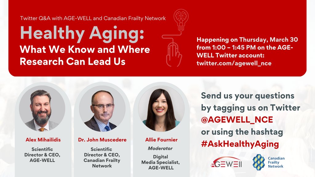 We're excited for the upcoming Q&amp;A with <a href="/AGEWELL_NCE/">AGE-WELL</a> and Canadian Frailty Network entitled Healthy Aging: What We Know and Where Research Can Lead Us. Tune in <a href="/AGEWELL_NCE/">AGE-WELL</a> on Mar. 30 from 1–1:45 PM (ET) for this interesting discussion and be sure to send in your own questions!