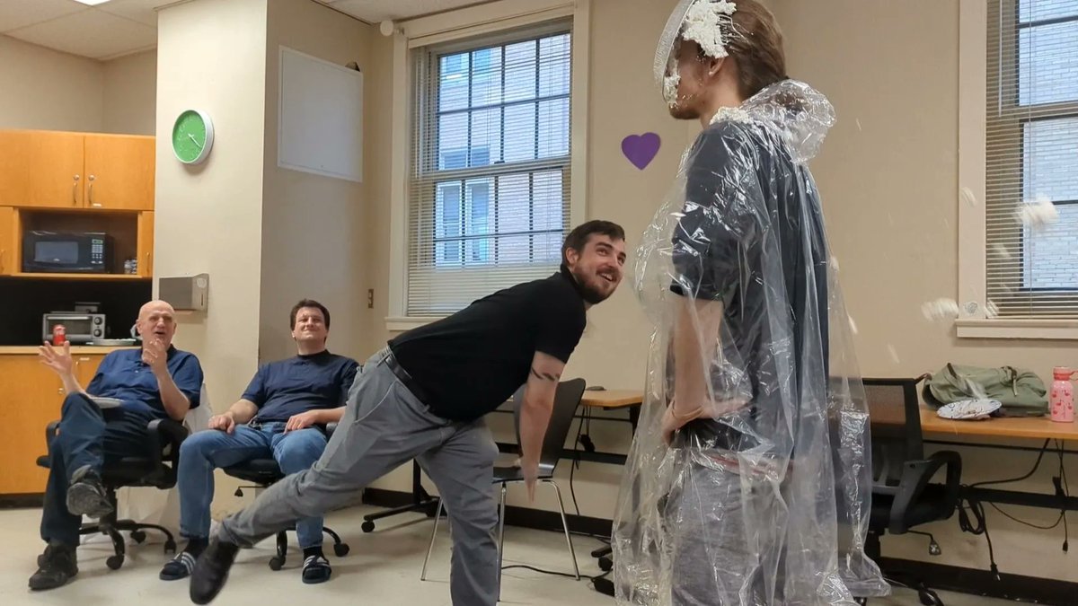 UntPhysics's tweet photo. Thank you to everyone who was able to donate for our Pi Day celebration! We hope you enjoyed the celebration and we look forward to next year’s Pi Day!
Photo Description: Dr. Shiner, Liam Daly, and Alex Sten getting pied.
#UNT #UNTPhysics #UNTSPS https://t.co/SHLpDdh44T