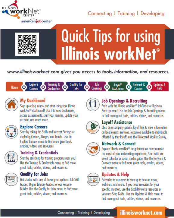 ILworkNet's tweet photo. Connect. Train. Develop.
The state's workforce portal helps you reach career, training, or employment goals. See what #ILworkNet can do for you in the Quick Start Guide: https://t.co/HgIjjRL7P5 https://t.co/BgnOlnhgI1
