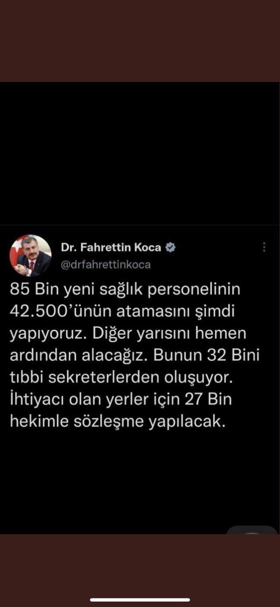 Söz verilen yıl bitmeden 85 bin atamanın tamamlanmasıydı. Ama olmadı. 1. Etabın hemen ardından yapılacaktı. O da olmadı. 1. Etabın üzerinden 97 gün geçti.MART ayında kılavuzun gönderilip tercihlerin başlamasını talep ediyoruz
<a href="/drfahrettinkoca/">Dr. Fahrettin Koca</a>
<a href="/gozdekirisciogl/">gozde kiriscioglu</a>

#FKocaAtamayıDuyur