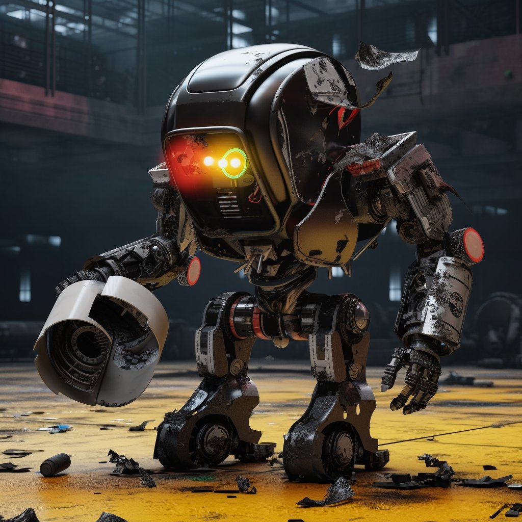 NS3_nft's tweet photo. A cold night; the darkness already settled in. Bot #8257 is distraught, having just fought bolt &amp; screw through its last opponent. The echoes of mayhem ring far beyond the arena, where weapons &amp; parts alike litter the battleground, our lonely victor saunters away. 

2🧵#BeepLore https://t.co/1fqpwZL8H4